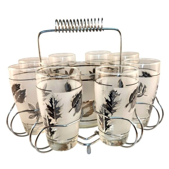 1960s Libbey Starlyte Mid Century Modern Frosted Silver Leaf Tumbler Glasses Wit - Picture 1 of 16